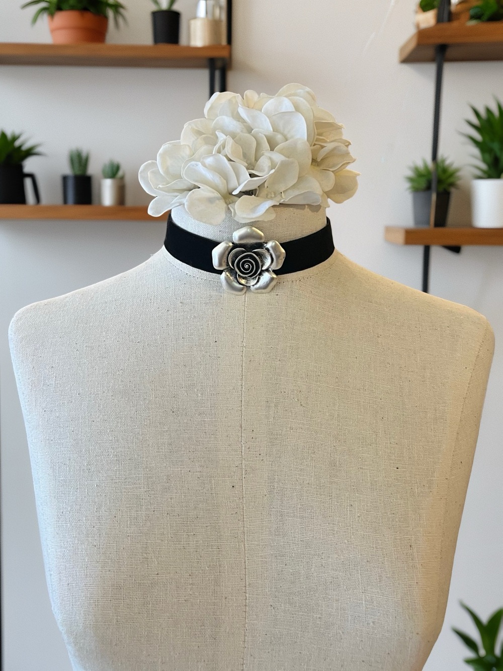 Black Velvet Choker Necklace with Silver Flower Pendant
